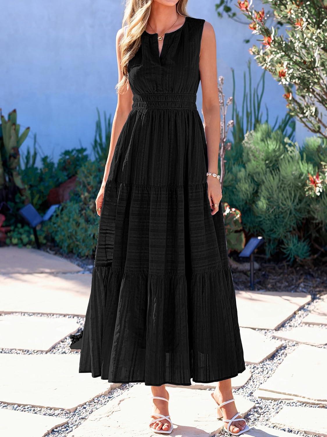 imageBTFBM Summer Dresses for Women 2026 Sleeveless Boho V Neck A Line Flowy Spring Casual Maxi Dress Beach Vacation PocketsBlack