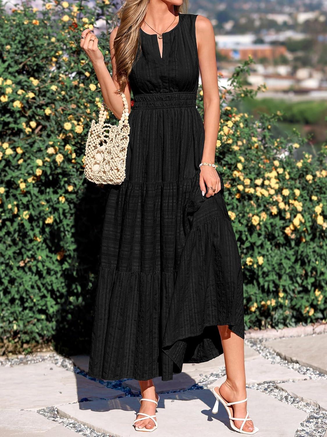 imageBTFBM Summer Dresses for Women 2026 Sleeveless Boho V Neck A Line Flowy Spring Casual Maxi Dress Beach Vacation PocketsBlack