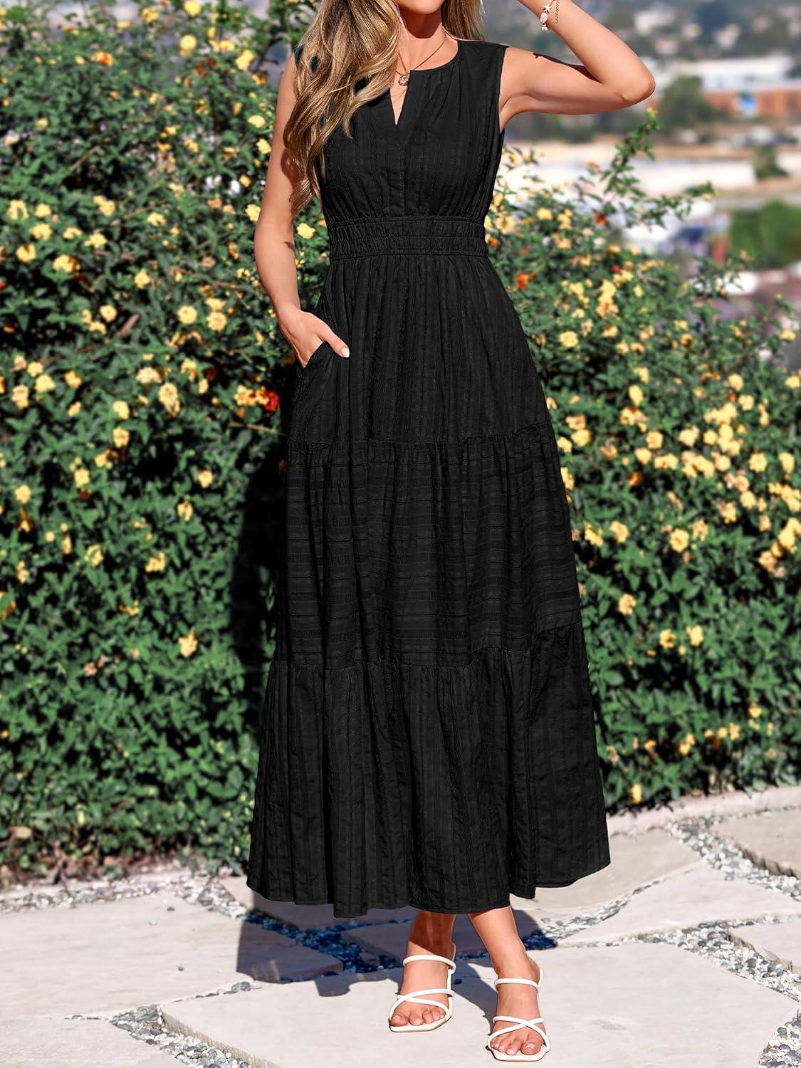 imageBTFBM Summer Dresses for Women 2026 Sleeveless Boho V Neck A Line Flowy Spring Casual Maxi Dress Beach Vacation PocketsBlack