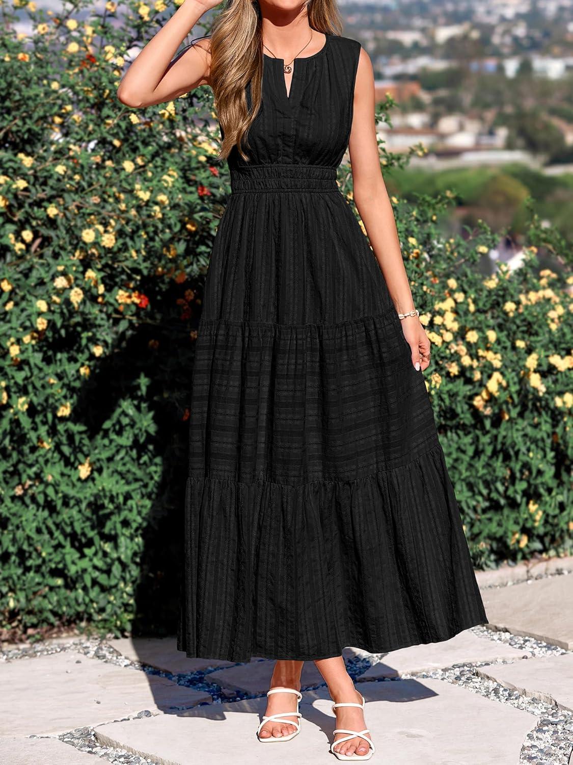 imageBTFBM Summer Dresses for Women 2026 Sleeveless Boho V Neck A Line Flowy Spring Casual Maxi Dress Beach Vacation PocketsBlack