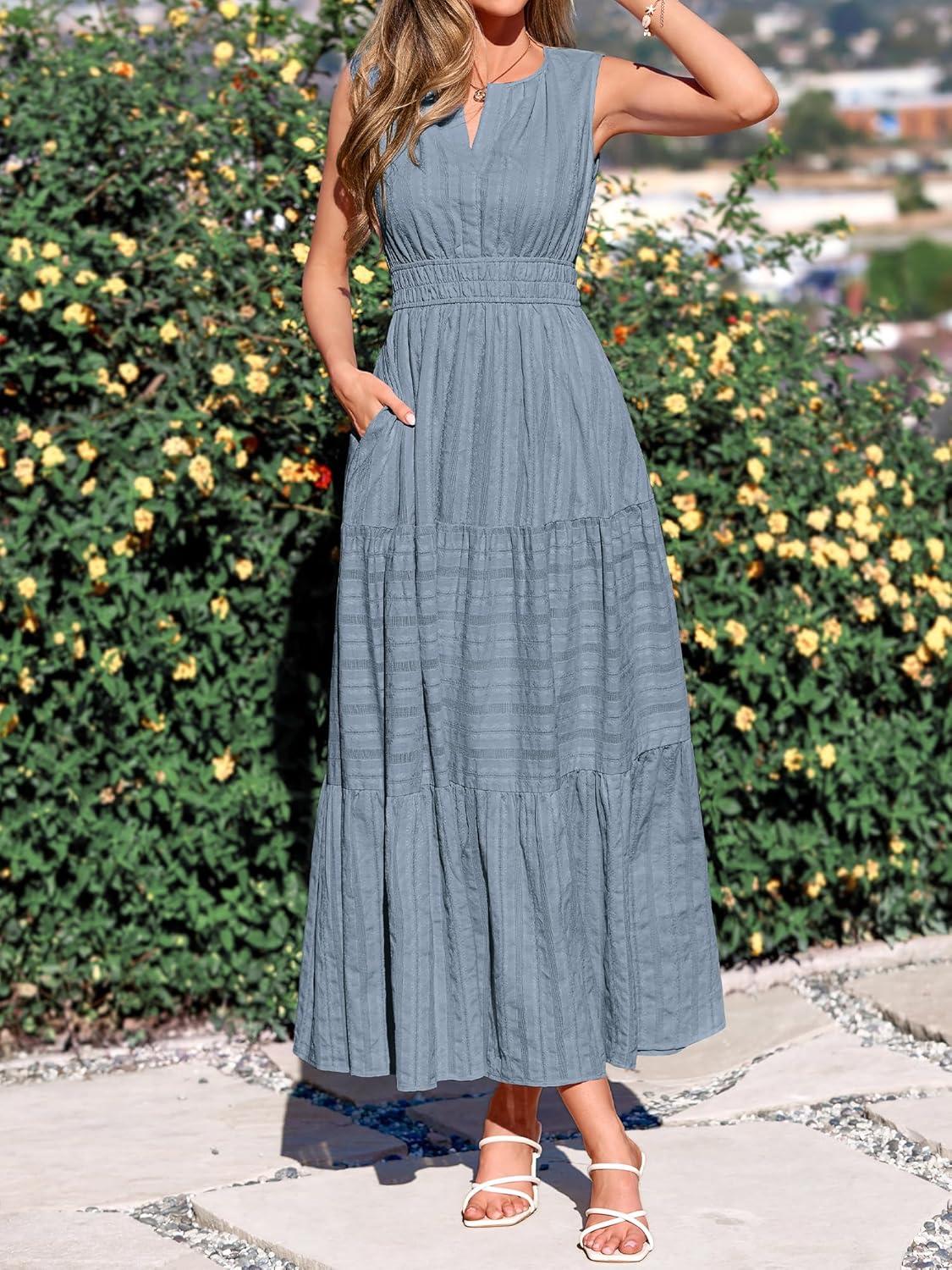 imageBTFBM Summer Dresses for Women 2026 Sleeveless Boho V Neck A Line Flowy Spring Casual Maxi Dress Beach Vacation PocketsBlue Grey