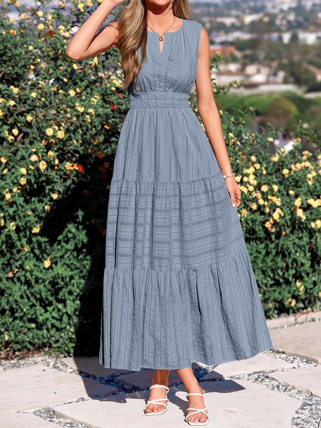 imageBTFBM Summer Dresses for Women 2026 Sleeveless Boho V Neck A Line Flowy Spring Casual Maxi Dress Beach Vacation PocketsBlue Grey
