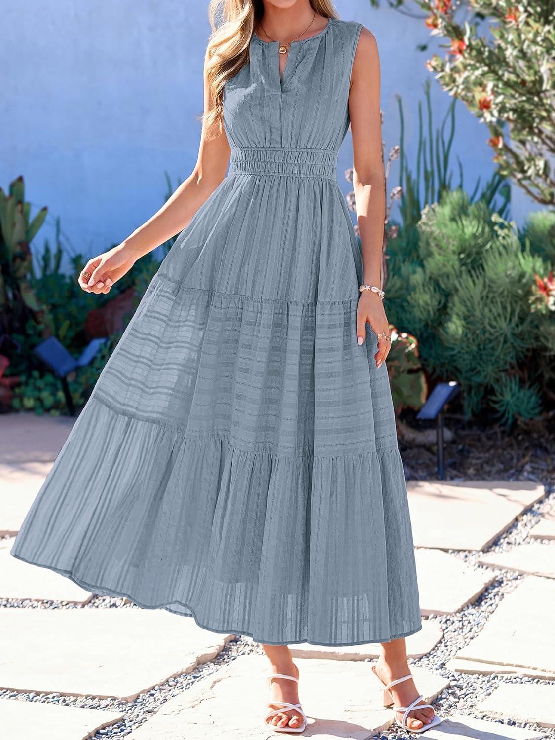 imageBTFBM Summer Dresses for Women 2026 Sleeveless Boho V Neck A Line Flowy Spring Casual Maxi Dress Beach Vacation PocketsBlue Grey