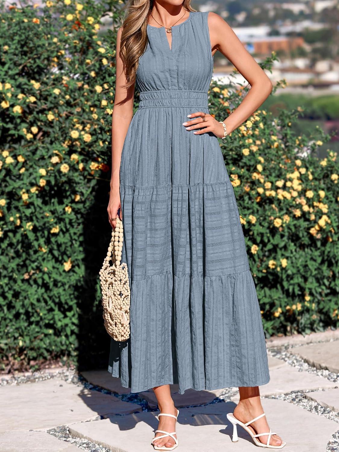 imageBTFBM Summer Dresses for Women 2026 Sleeveless Boho V Neck A Line Flowy Spring Casual Maxi Dress Beach Vacation PocketsBlue Grey