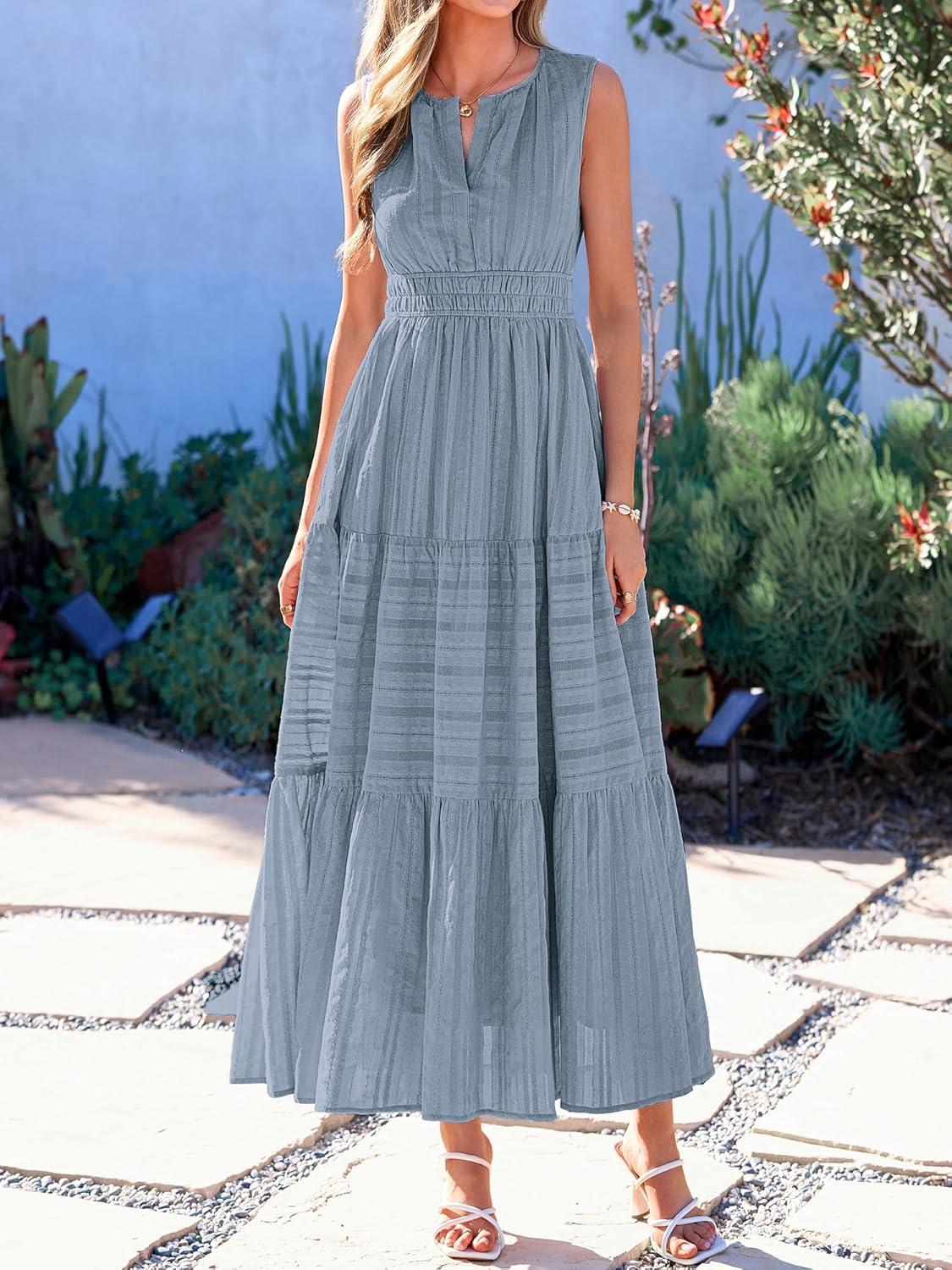 imageBTFBM Summer Dresses for Women 2026 Sleeveless Boho V Neck A Line Flowy Spring Casual Maxi Dress Beach Vacation PocketsBlue Grey