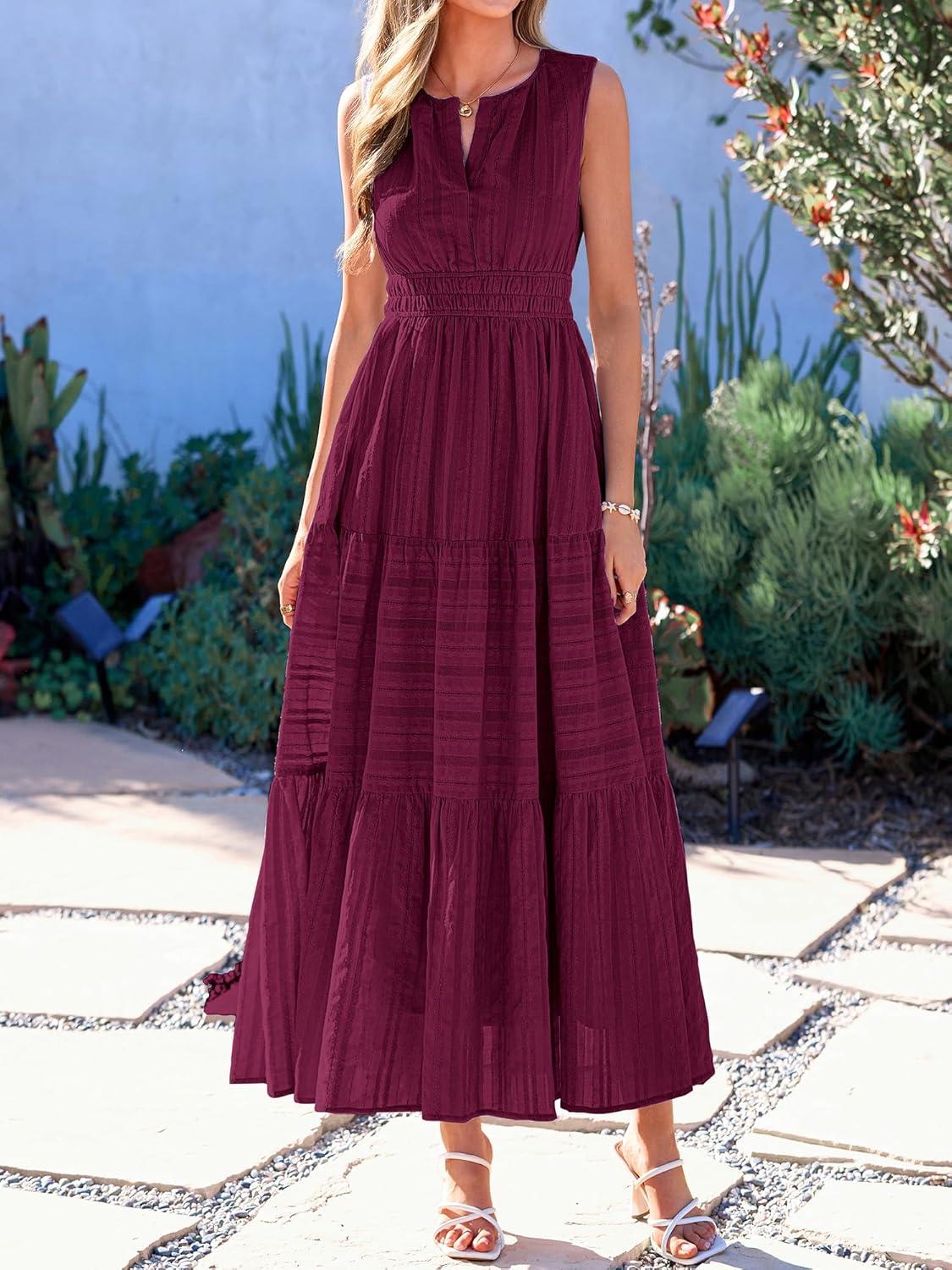 imageBTFBM Summer Dresses for Women 2026 Sleeveless Boho V Neck A Line Flowy Spring Casual Maxi Dress Beach Vacation PocketsBurgundy