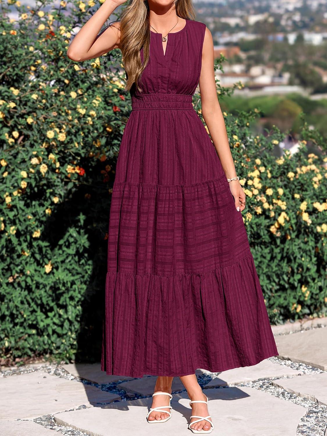imageBTFBM Summer Dresses for Women 2026 Sleeveless Boho V Neck A Line Flowy Spring Casual Maxi Dress Beach Vacation PocketsBurgundy