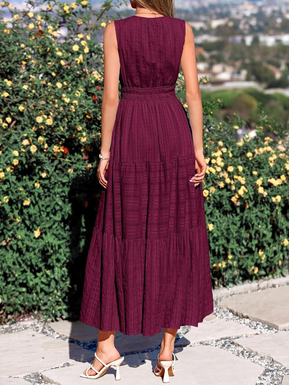imageBTFBM Summer Dresses for Women 2026 Sleeveless Boho V Neck A Line Flowy Spring Casual Maxi Dress Beach Vacation PocketsBurgundy