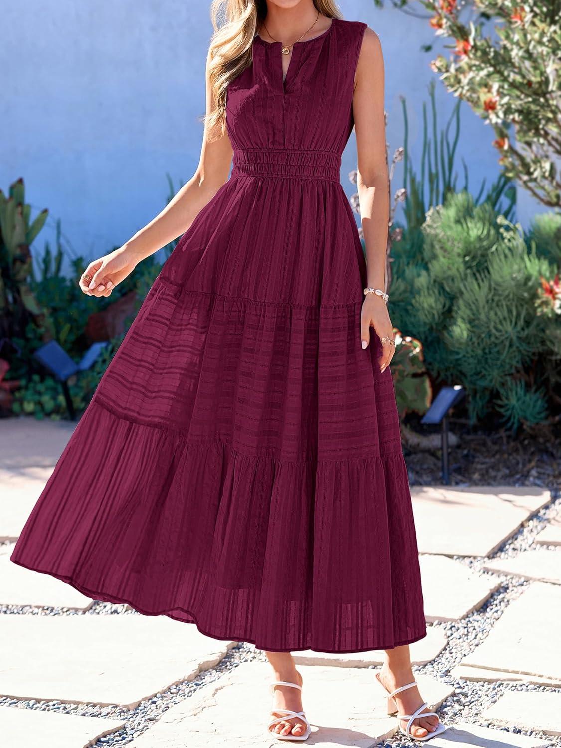 imageBTFBM Summer Dresses for Women 2026 Sleeveless Boho V Neck A Line Flowy Spring Casual Maxi Dress Beach Vacation PocketsBurgundy