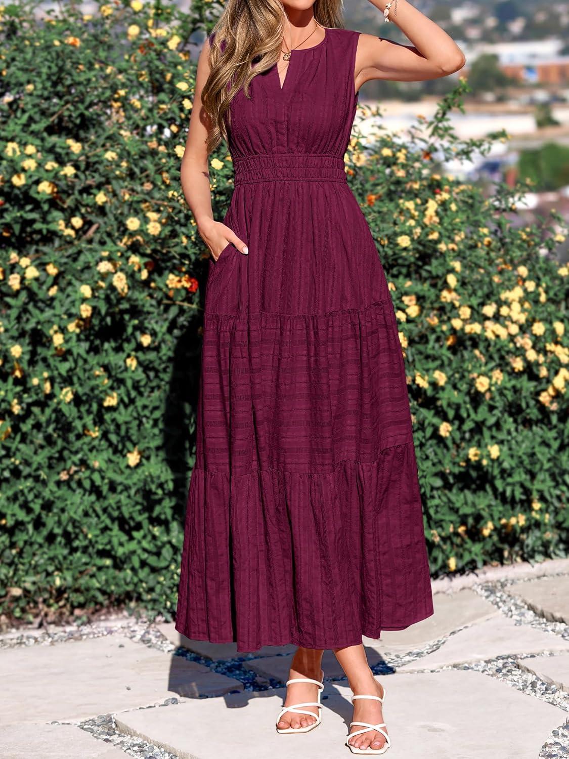imageBTFBM Summer Dresses for Women 2026 Sleeveless Boho V Neck A Line Flowy Spring Casual Maxi Dress Beach Vacation PocketsBurgundy
