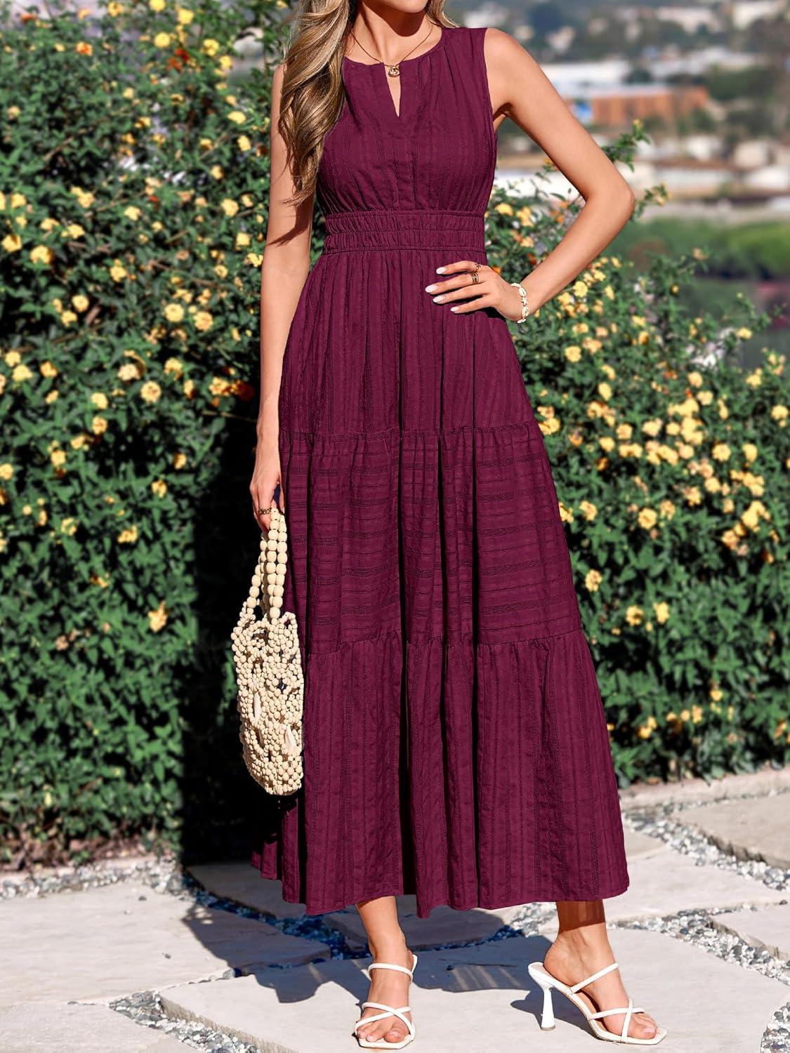 imageBTFBM Summer Dresses for Women 2026 Sleeveless Boho V Neck A Line Flowy Spring Casual Maxi Dress Beach Vacation PocketsBurgundy