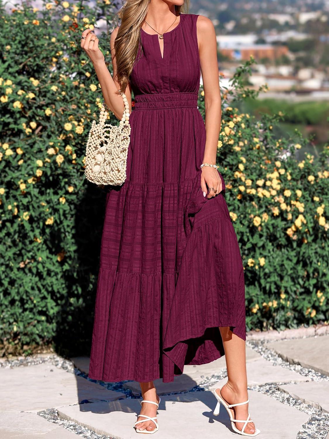 imageBTFBM Summer Dresses for Women 2026 Sleeveless Boho V Neck A Line Flowy Spring Casual Maxi Dress Beach Vacation PocketsBurgundy