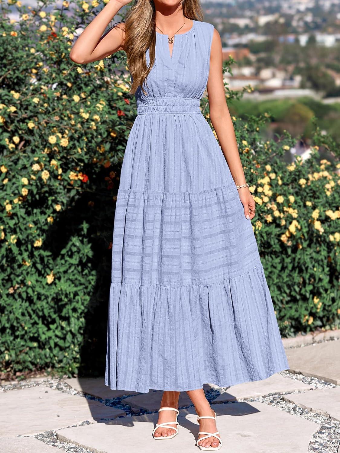 imageBTFBM Summer Dresses for Women 2026 Sleeveless Boho V Neck A Line Flowy Spring Casual Maxi Dress Beach Vacation PocketsLight Blue