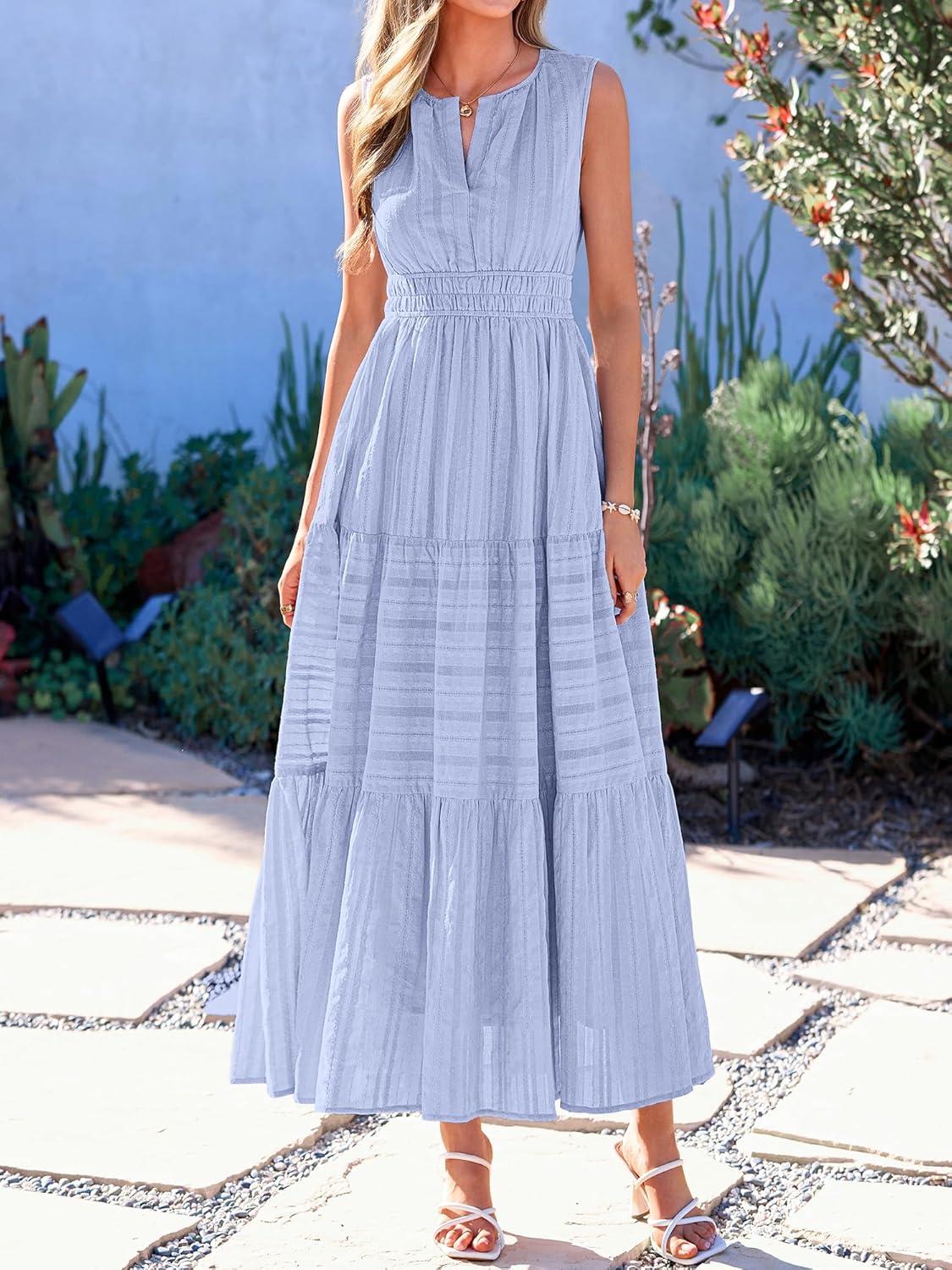 imageBTFBM Summer Dresses for Women 2026 Sleeveless Boho V Neck A Line Flowy Spring Casual Maxi Dress Beach Vacation PocketsLight Blue