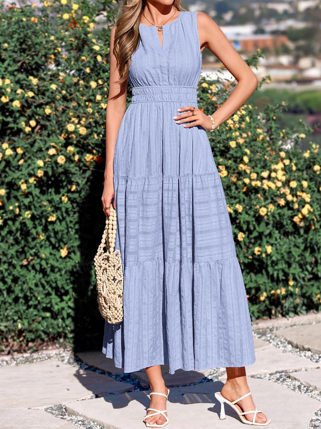 imageBTFBM Summer Dresses for Women 2026 Sleeveless Boho V Neck A Line Flowy Spring Casual Maxi Dress Beach Vacation PocketsLight Blue