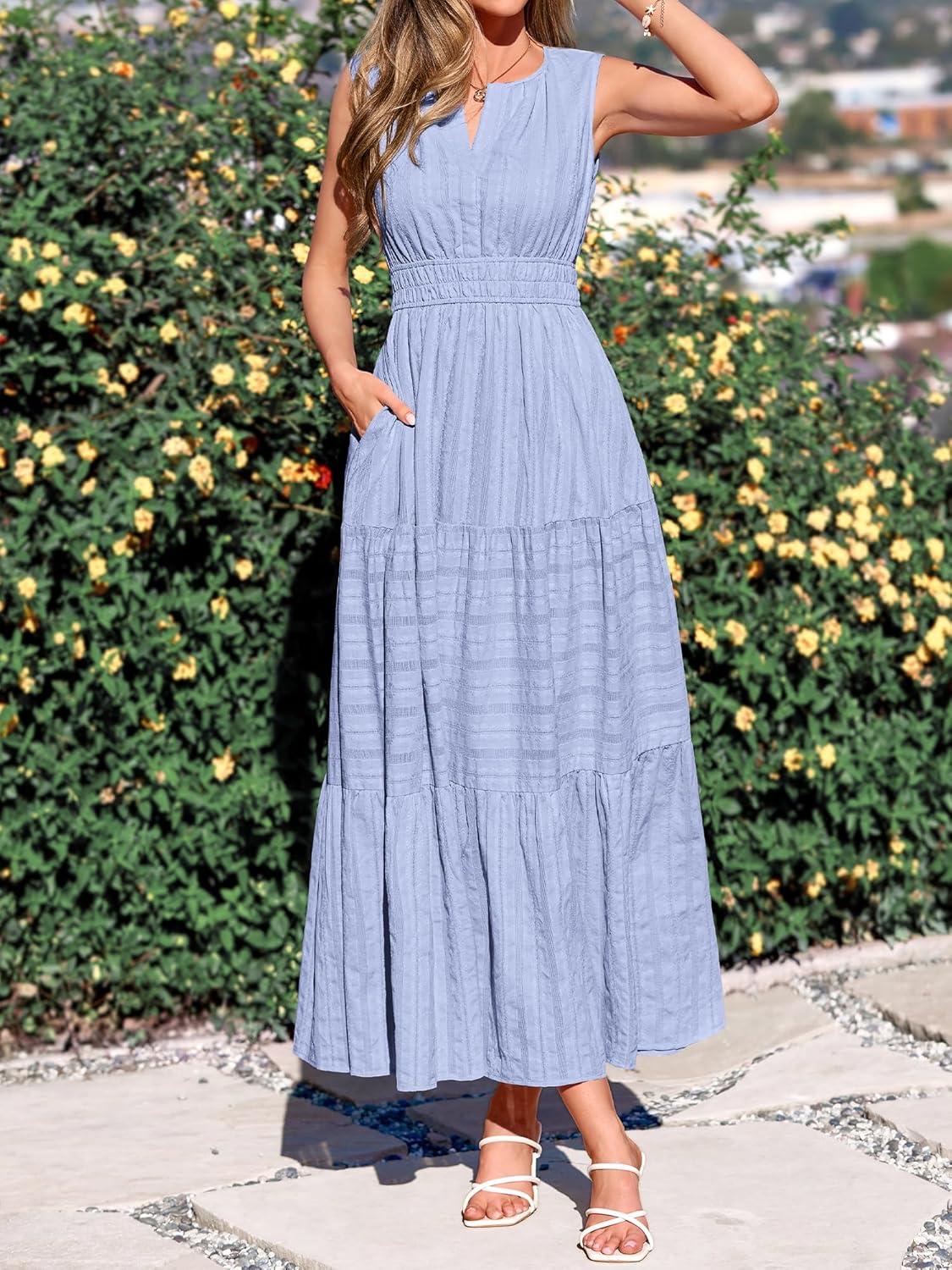 imageBTFBM Summer Dresses for Women 2026 Sleeveless Boho V Neck A Line Flowy Spring Casual Maxi Dress Beach Vacation PocketsLight Blue