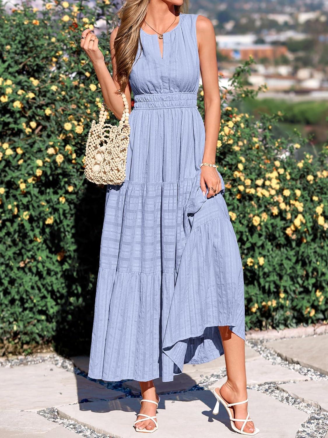 imageBTFBM Summer Dresses for Women 2026 Sleeveless Boho V Neck A Line Flowy Spring Casual Maxi Dress Beach Vacation PocketsLight Blue