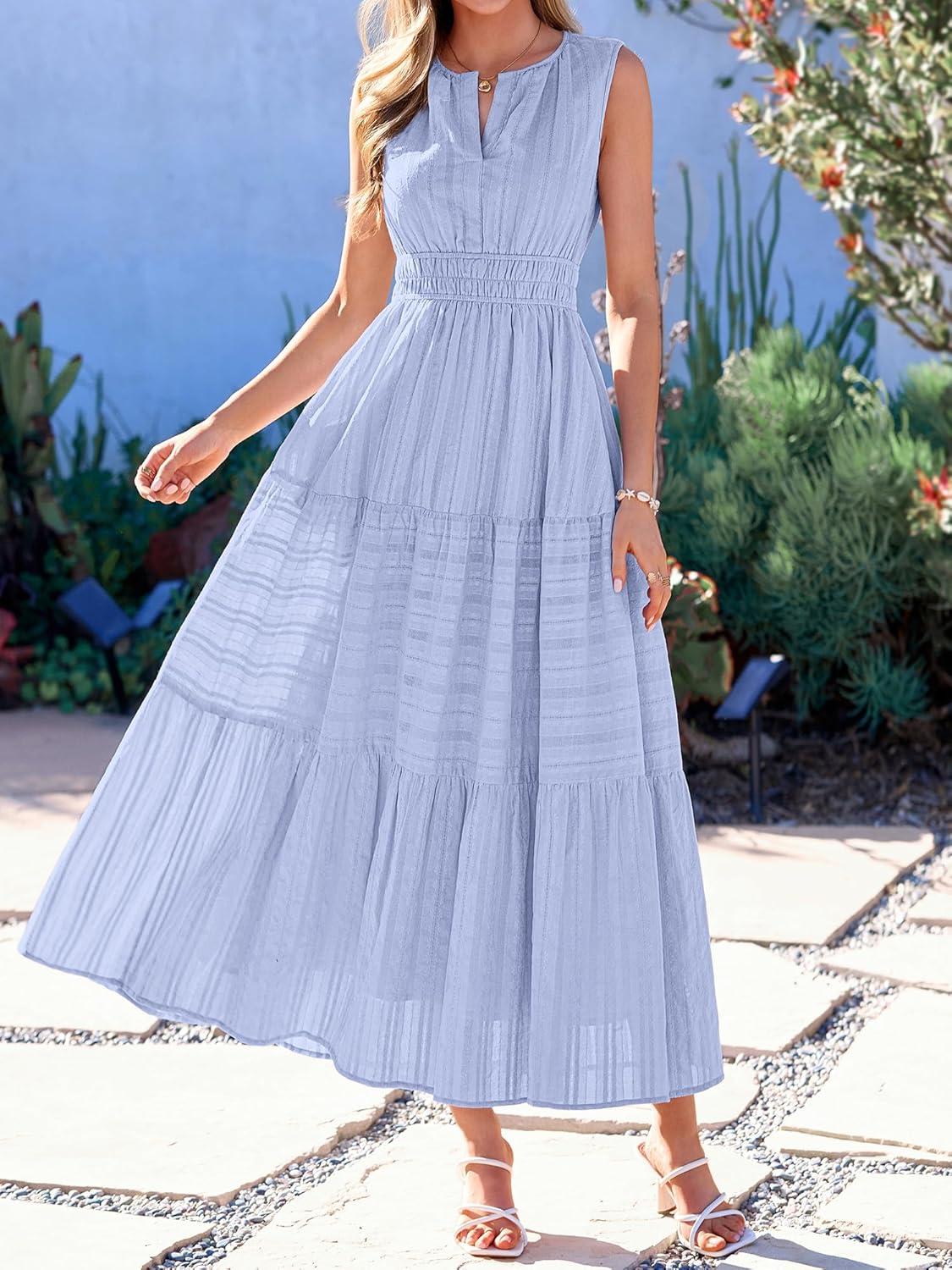 imageBTFBM Summer Dresses for Women 2026 Sleeveless Boho V Neck A Line Flowy Spring Casual Maxi Dress Beach Vacation PocketsLight Blue