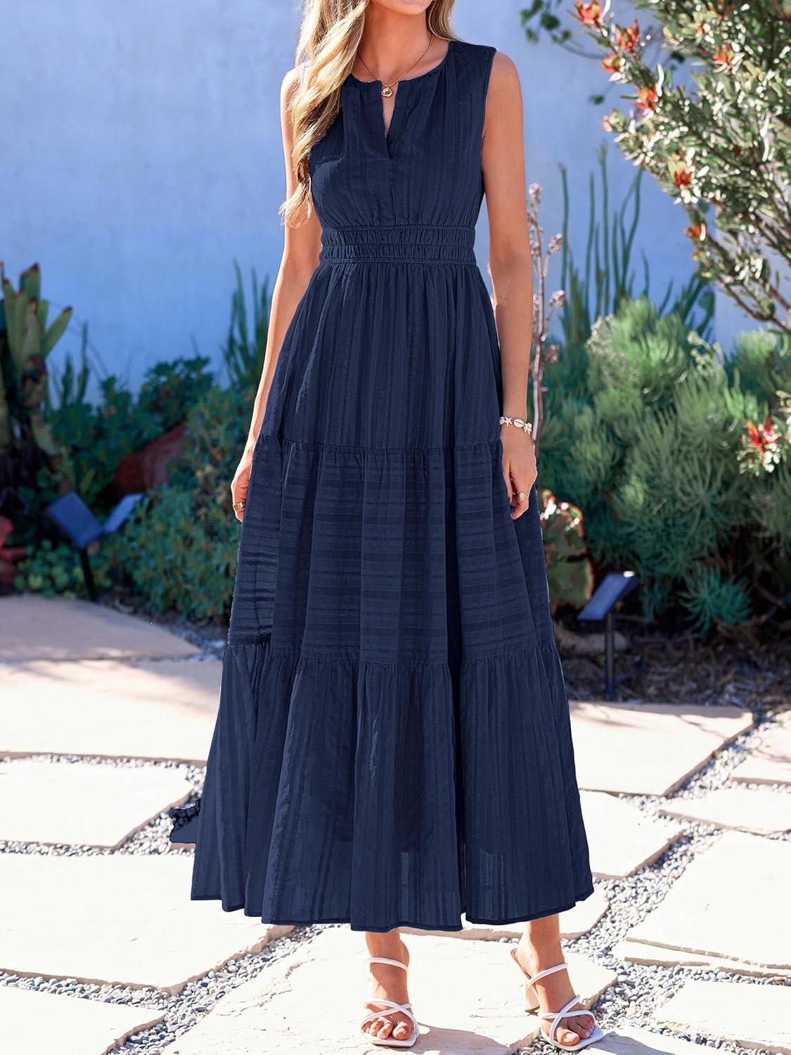 imageBTFBM Summer Dresses for Women 2026 Sleeveless Boho V Neck A Line Flowy Spring Casual Maxi Dress Beach Vacation PocketsNavy Blue