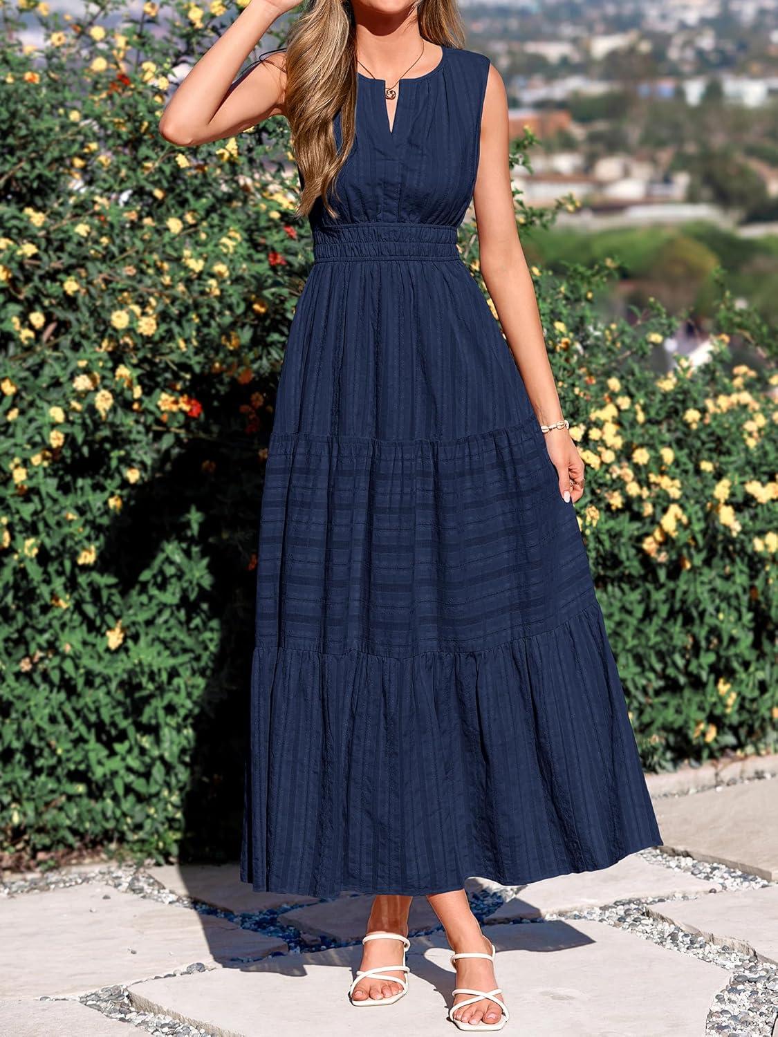 imageBTFBM Summer Dresses for Women 2026 Sleeveless Boho V Neck A Line Flowy Spring Casual Maxi Dress Beach Vacation PocketsNavy Blue