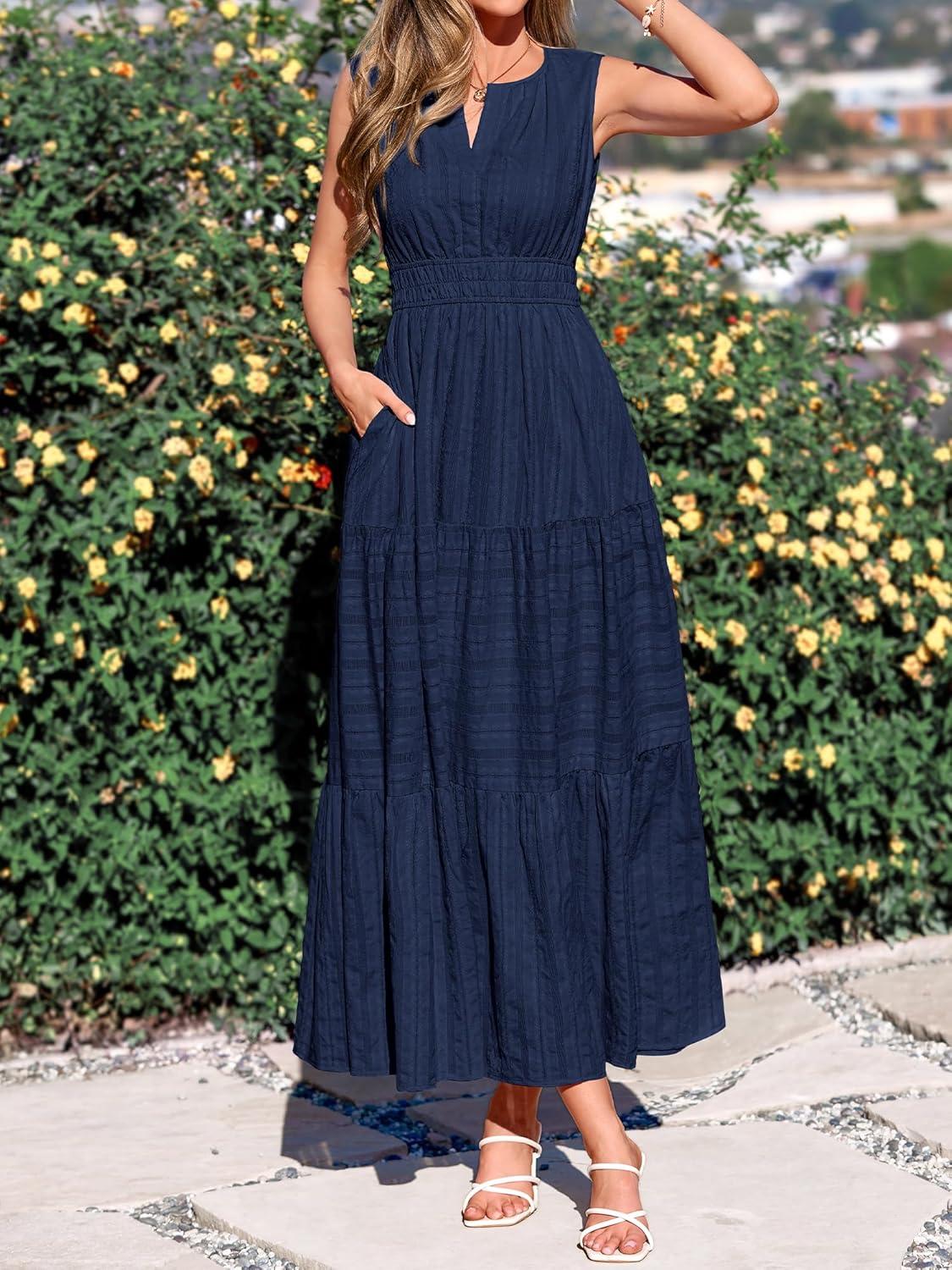 imageBTFBM Summer Dresses for Women 2026 Sleeveless Boho V Neck A Line Flowy Spring Casual Maxi Dress Beach Vacation PocketsNavy Blue