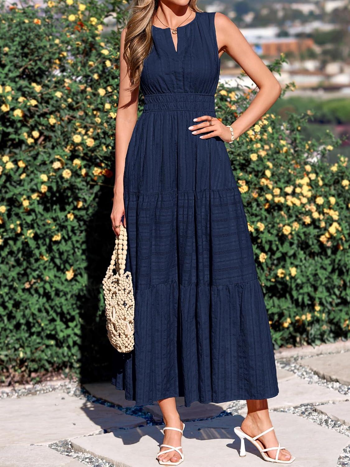 imageBTFBM Summer Dresses for Women 2026 Sleeveless Boho V Neck A Line Flowy Spring Casual Maxi Dress Beach Vacation PocketsNavy Blue