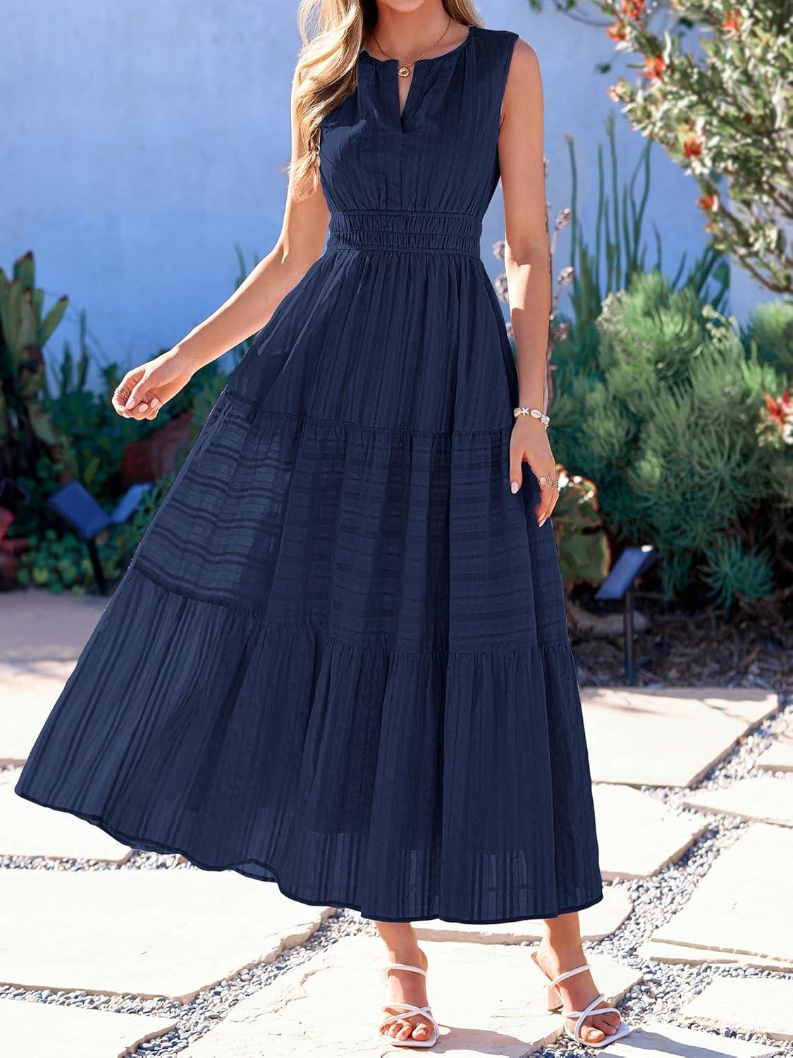 imageBTFBM Summer Dresses for Women 2026 Sleeveless Boho V Neck A Line Flowy Spring Casual Maxi Dress Beach Vacation PocketsNavy Blue
