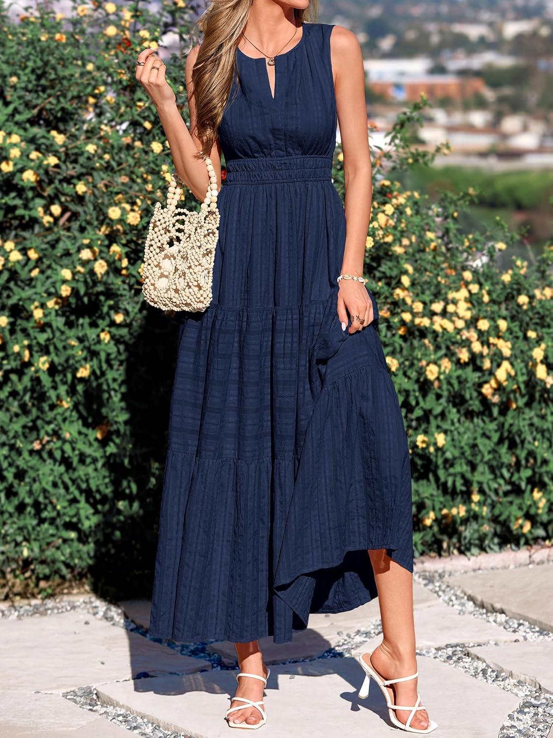 imageBTFBM Summer Dresses for Women 2026 Sleeveless Boho V Neck A Line Flowy Spring Casual Maxi Dress Beach Vacation PocketsNavy Blue