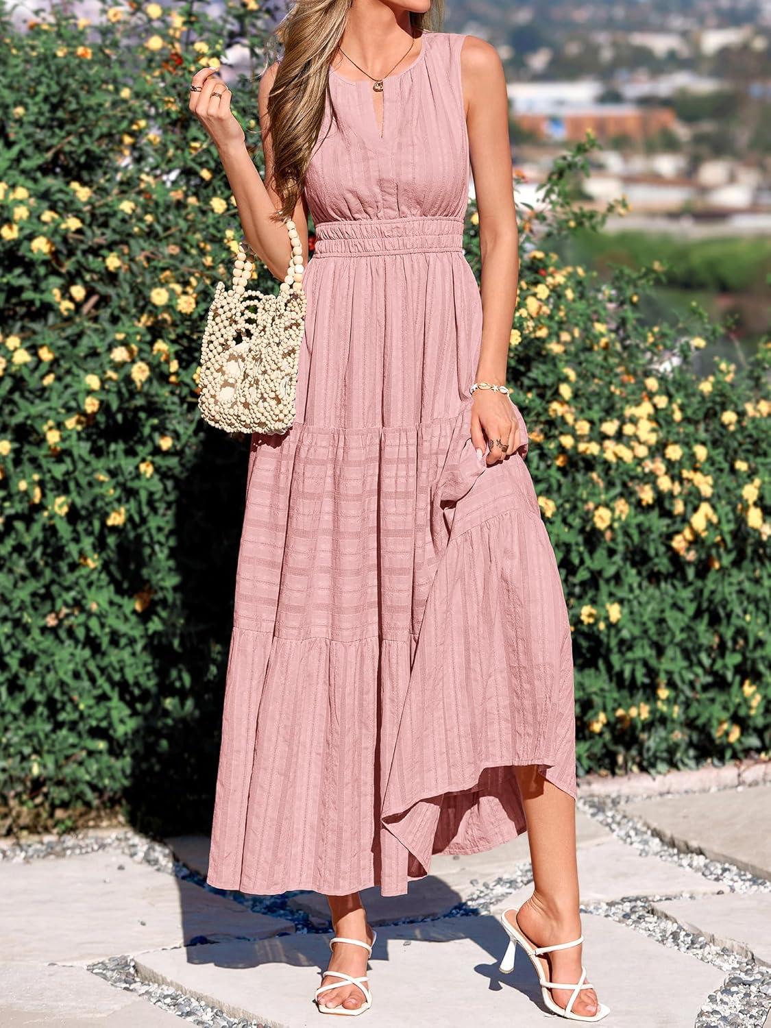 imageBTFBM Summer Dresses for Women 2026 Sleeveless Boho V Neck A Line Flowy Spring Casual Maxi Dress Beach Vacation PocketsPink