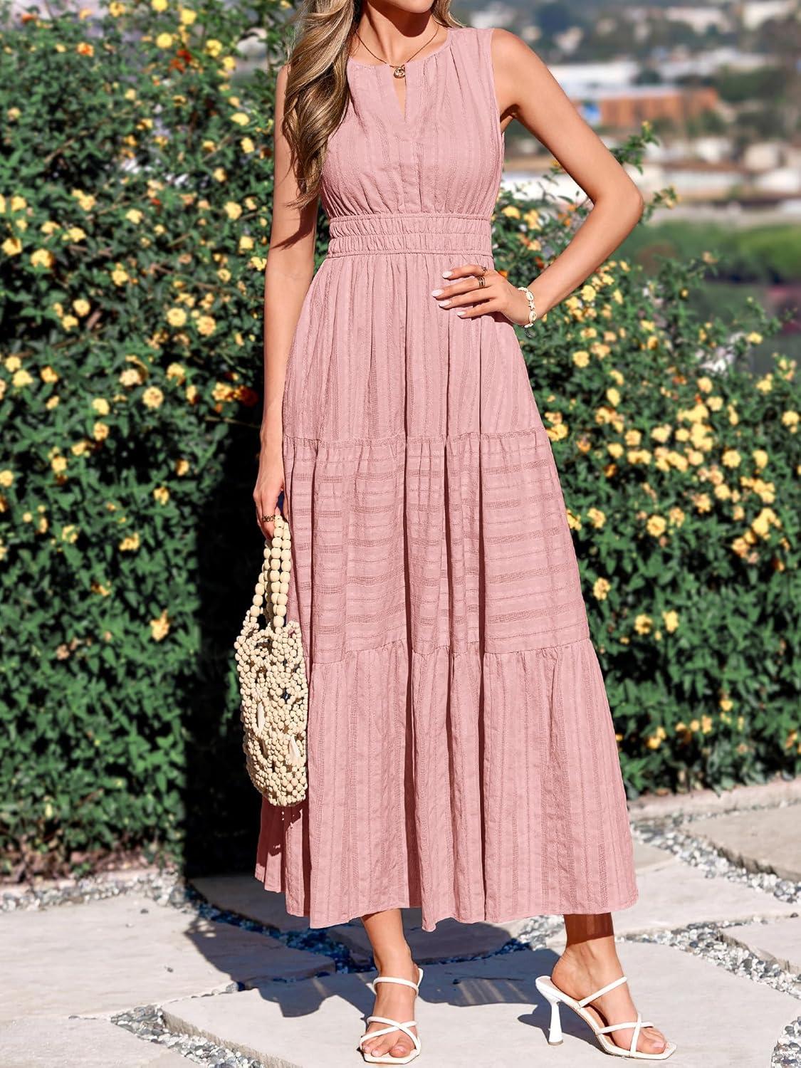 imageBTFBM Summer Dresses for Women 2026 Sleeveless Boho V Neck A Line Flowy Spring Casual Maxi Dress Beach Vacation PocketsPink