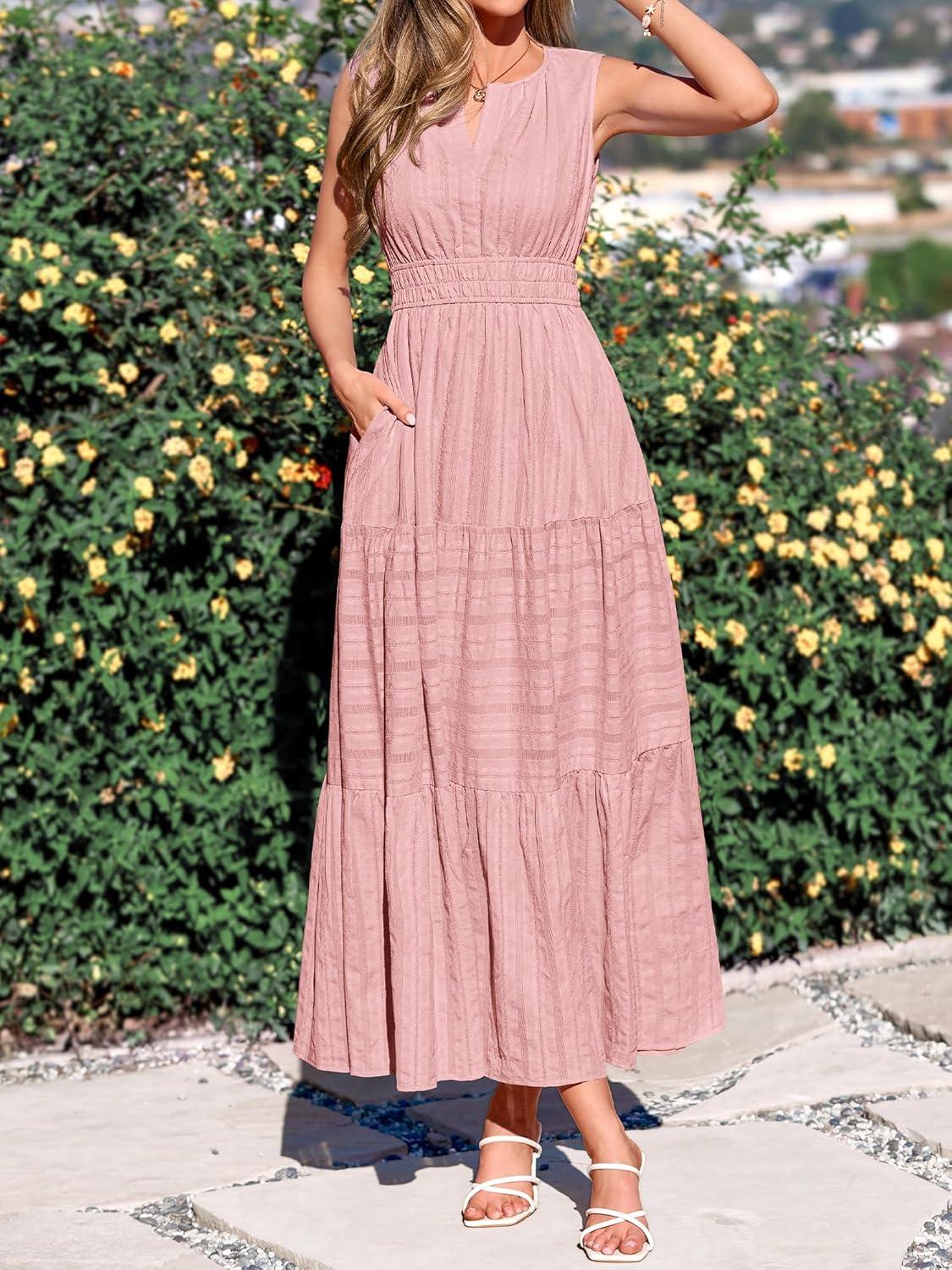 imageBTFBM Summer Dresses for Women 2026 Sleeveless Boho V Neck A Line Flowy Spring Casual Maxi Dress Beach Vacation PocketsPink