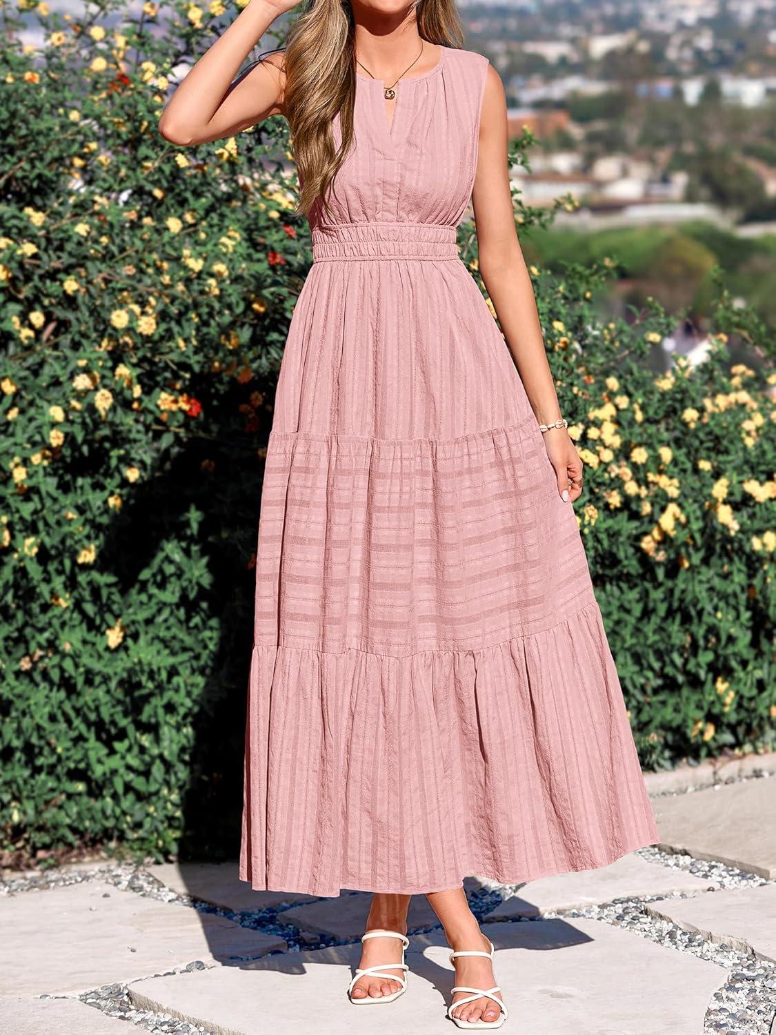 imageBTFBM Summer Dresses for Women 2026 Sleeveless Boho V Neck A Line Flowy Spring Casual Maxi Dress Beach Vacation PocketsPink