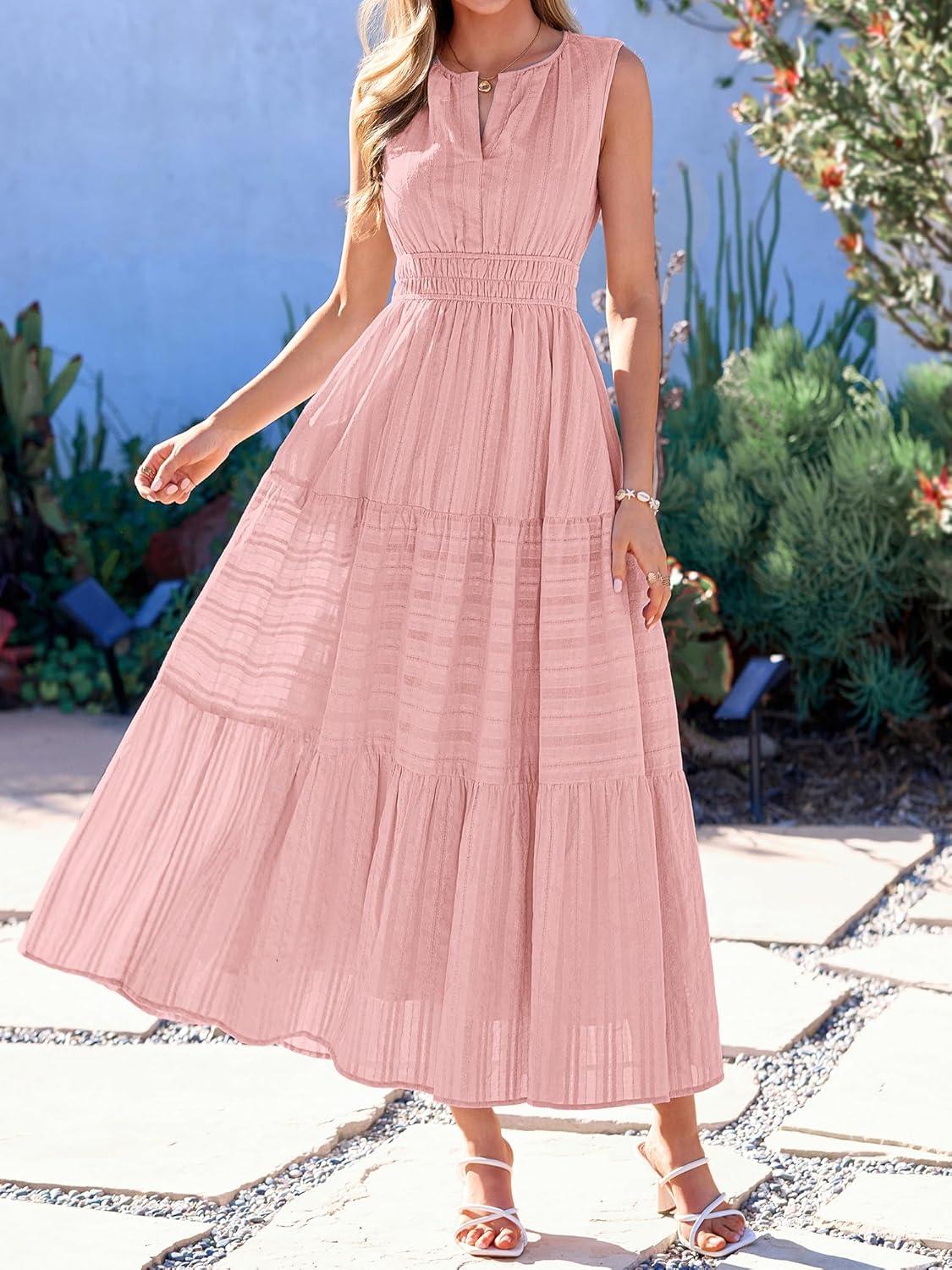 imageBTFBM Summer Dresses for Women 2026 Sleeveless Boho V Neck A Line Flowy Spring Casual Maxi Dress Beach Vacation PocketsPink