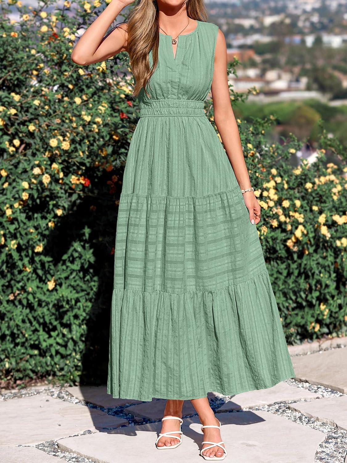 imageBTFBM Summer Dresses for Women 2026 Sleeveless Boho V Neck A Line Flowy Spring Casual Maxi Dress Beach Vacation PocketsSage Green