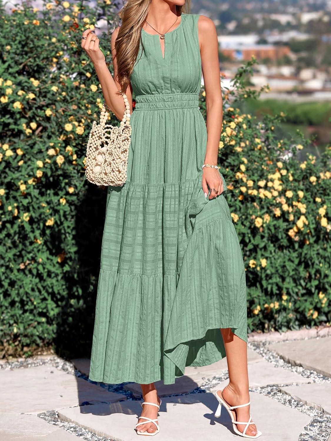 imageBTFBM Summer Dresses for Women 2026 Sleeveless Boho V Neck A Line Flowy Spring Casual Maxi Dress Beach Vacation PocketsSage Green
