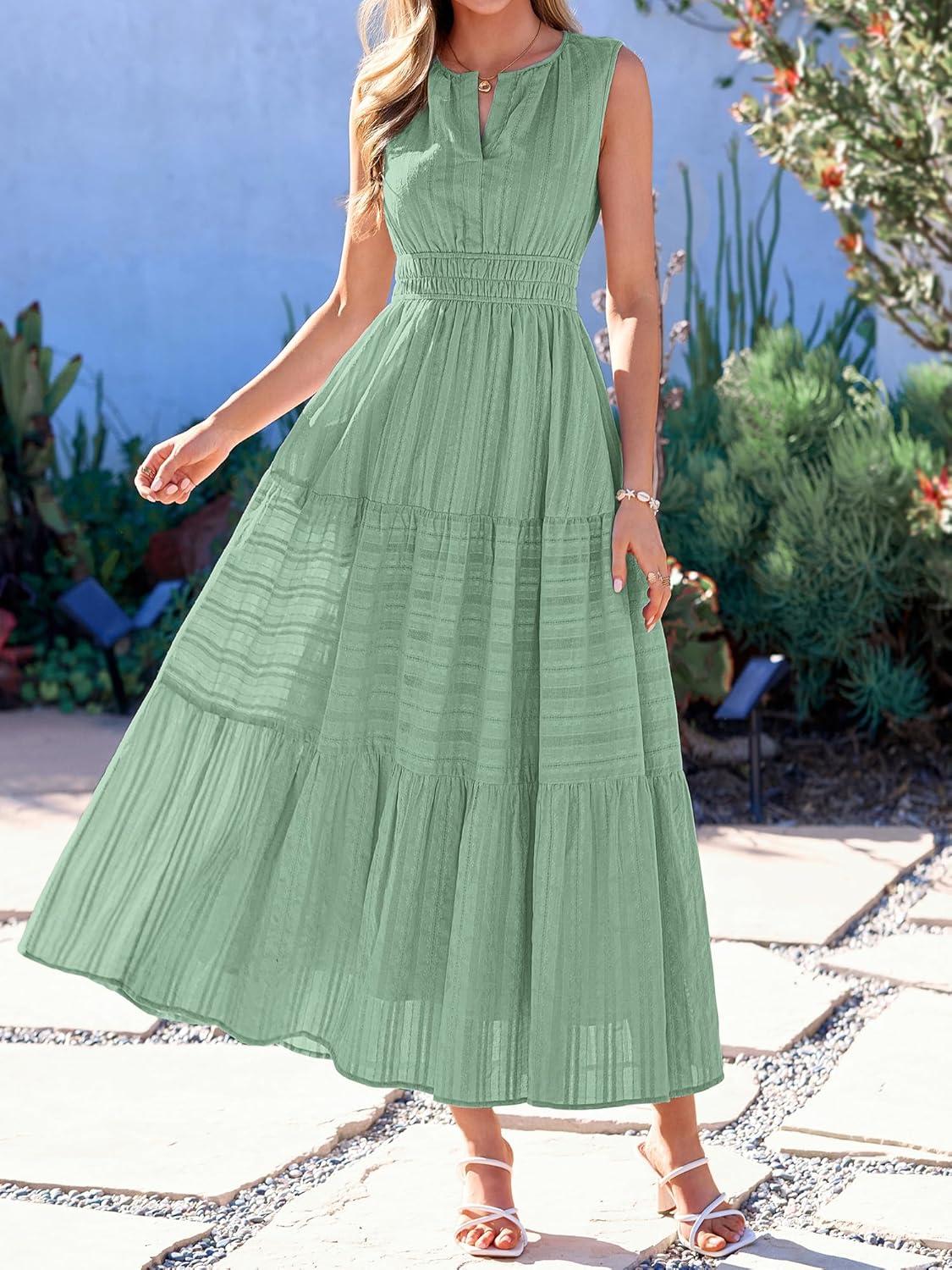 imageBTFBM Summer Dresses for Women 2026 Sleeveless Boho V Neck A Line Flowy Spring Casual Maxi Dress Beach Vacation PocketsSage Green