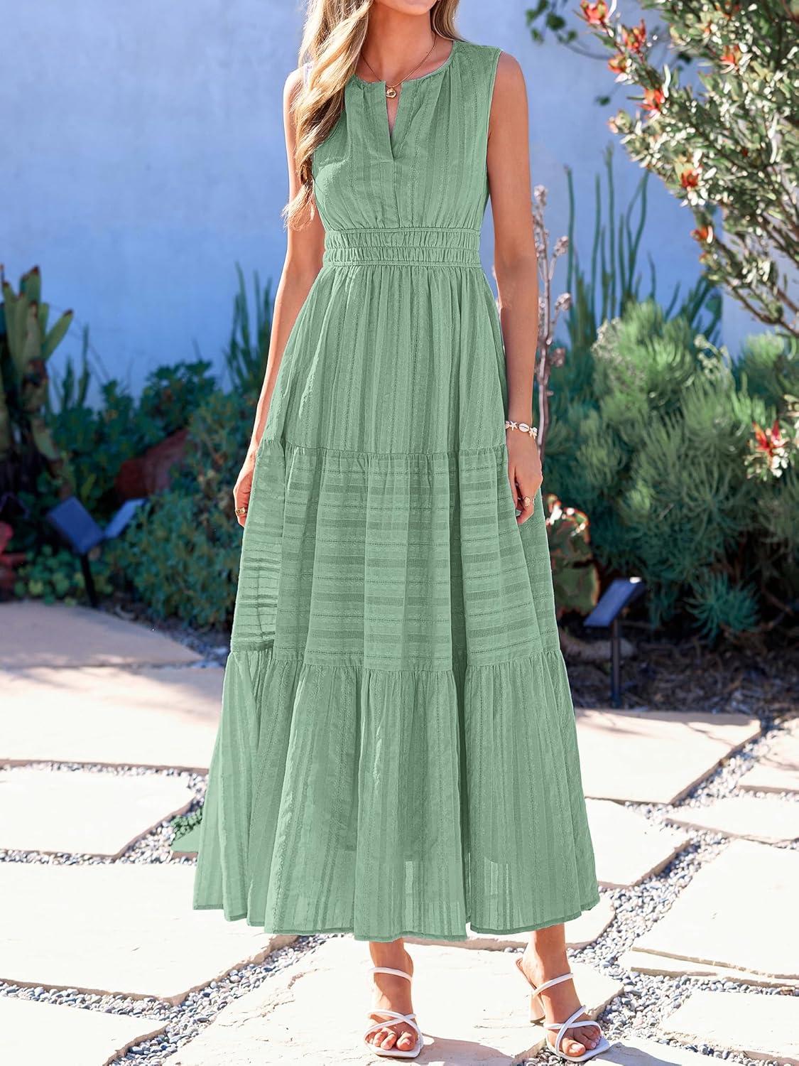 imageBTFBM Summer Dresses for Women 2026 Sleeveless Boho V Neck A Line Flowy Spring Casual Maxi Dress Beach Vacation PocketsSage Green
