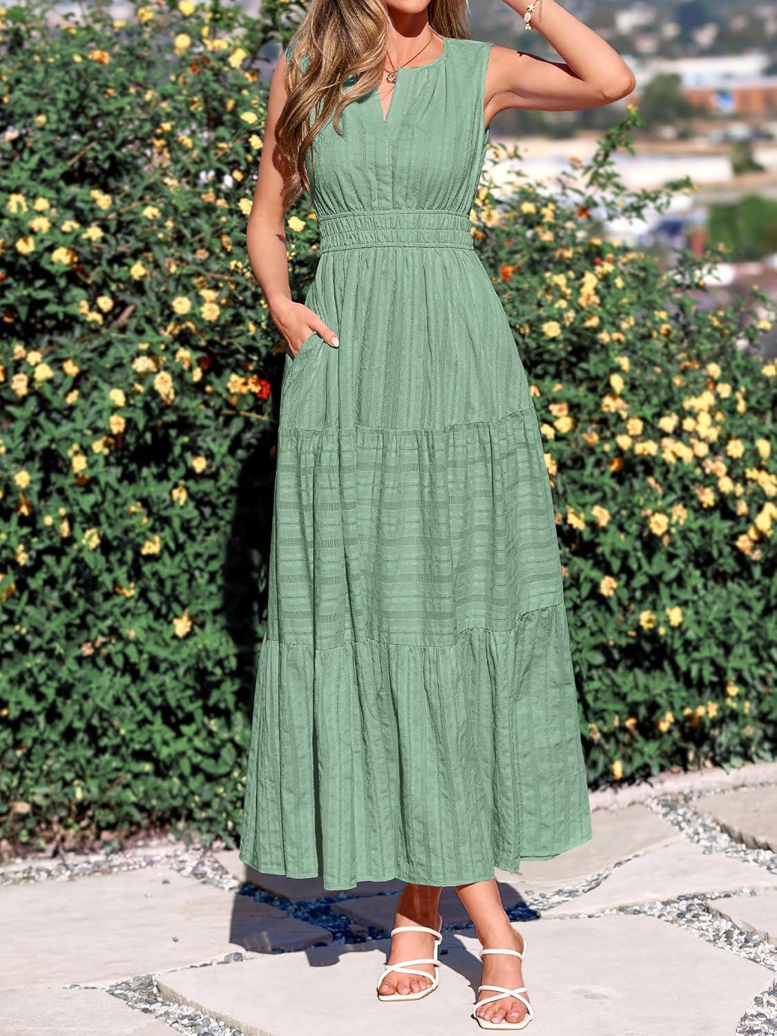 imageBTFBM Summer Dresses for Women 2026 Sleeveless Boho V Neck A Line Flowy Spring Casual Maxi Dress Beach Vacation PocketsSage Green