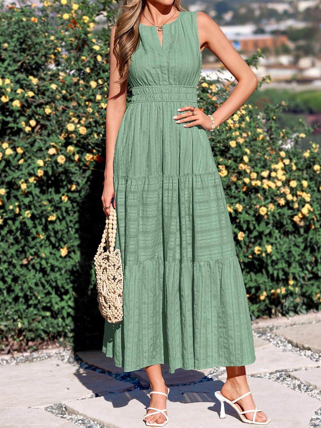 imageBTFBM Summer Dresses for Women 2026 Sleeveless Boho V Neck A Line Flowy Spring Casual Maxi Dress Beach Vacation PocketsSage Green