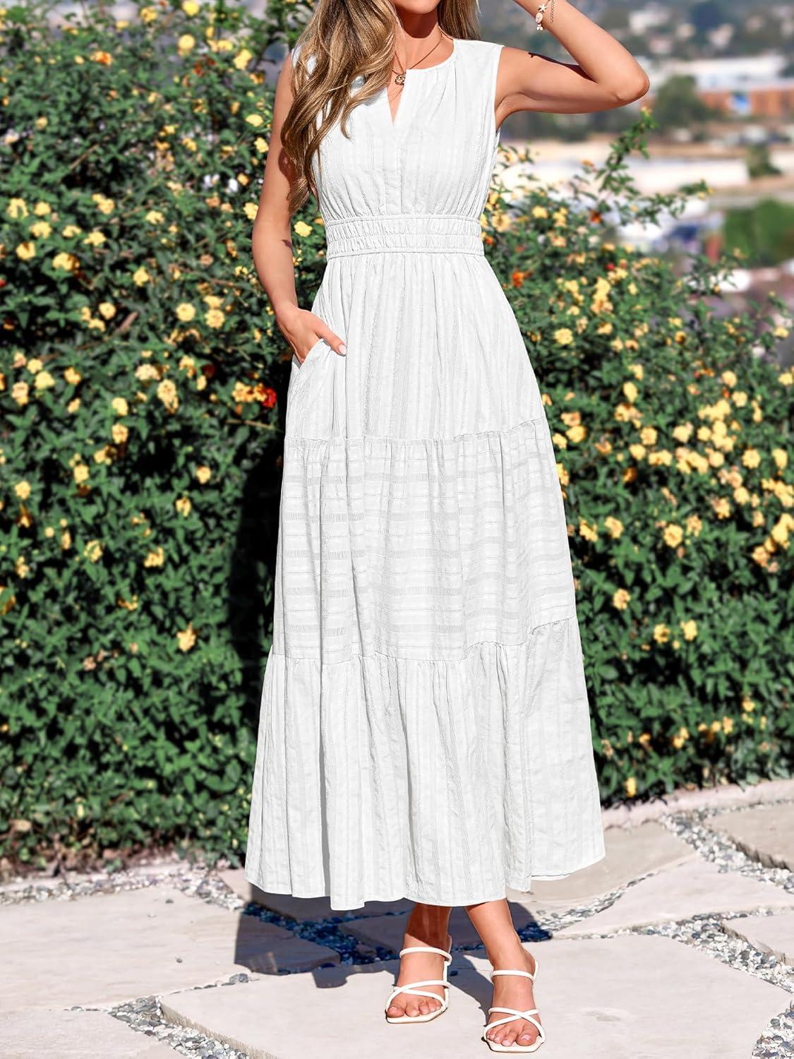 imageBTFBM Summer Dresses for Women 2026 Sleeveless Boho V Neck A Line Flowy Spring Casual Maxi Dress Beach Vacation PocketsWhite