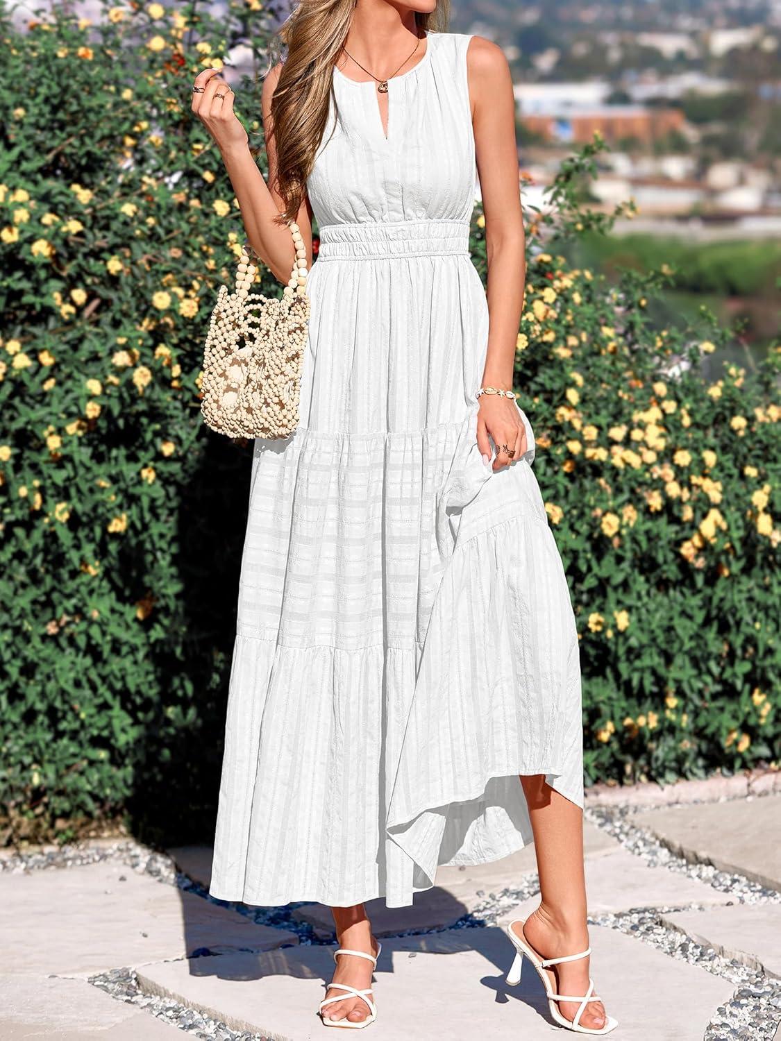 imageBTFBM Summer Dresses for Women 2026 Sleeveless Boho V Neck A Line Flowy Spring Casual Maxi Dress Beach Vacation PocketsWhite