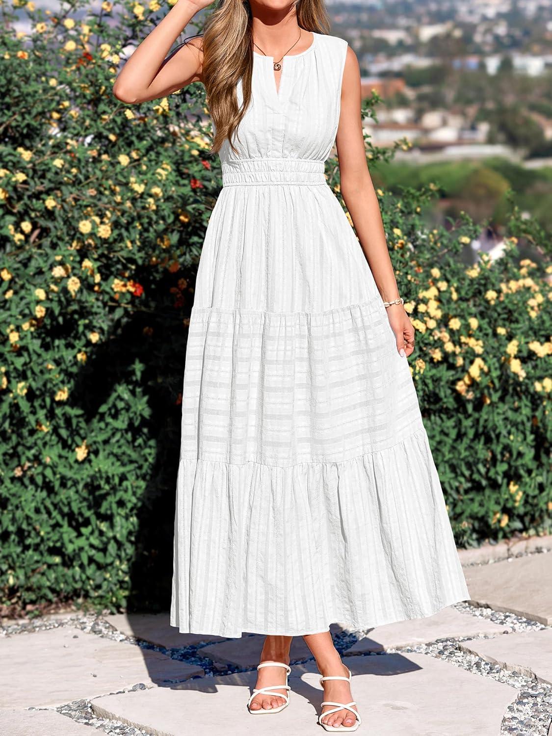 imageBTFBM Summer Dresses for Women 2026 Sleeveless Boho V Neck A Line Flowy Spring Casual Maxi Dress Beach Vacation PocketsWhite