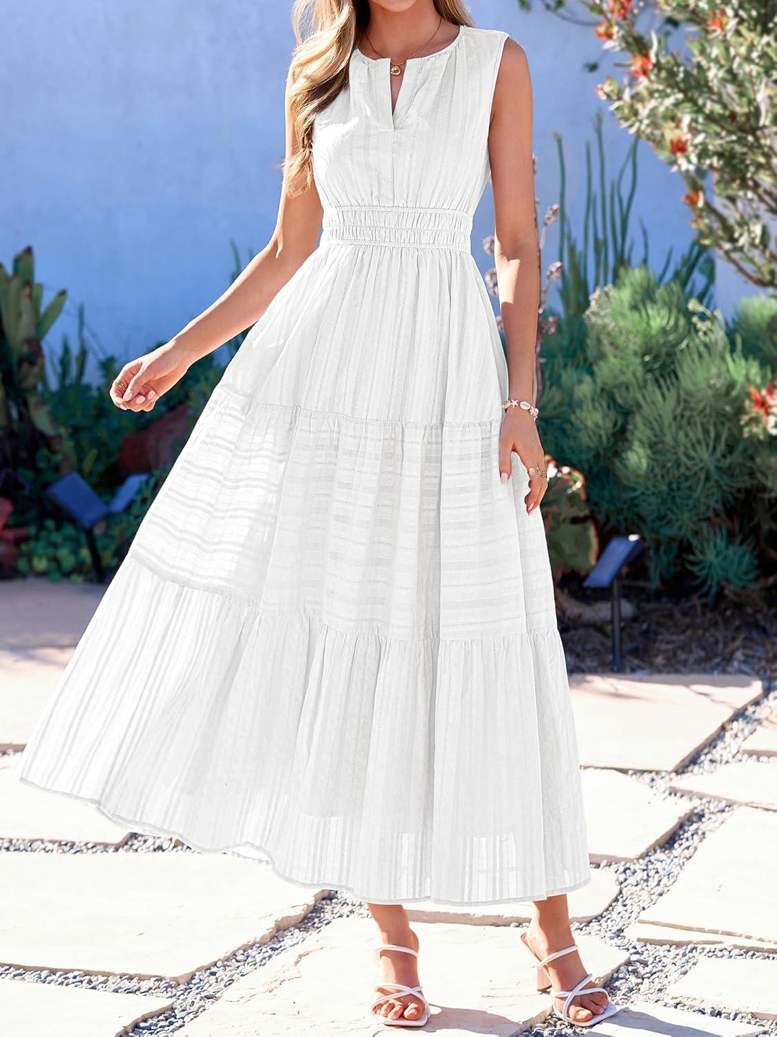 imageBTFBM Summer Dresses for Women 2026 Sleeveless Boho V Neck A Line Flowy Spring Casual Maxi Dress Beach Vacation PocketsWhite