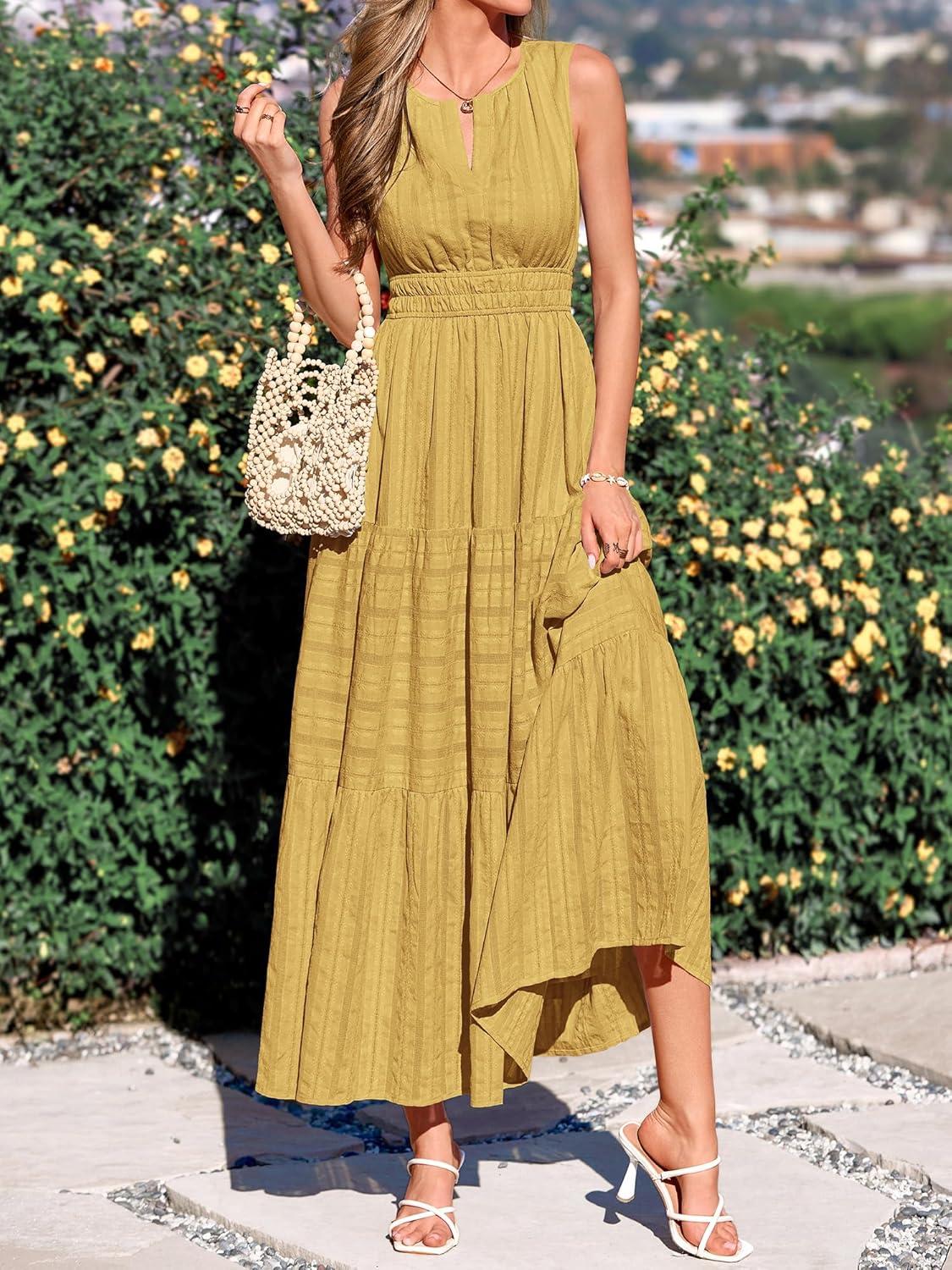 imageBTFBM Summer Dresses for Women 2026 Sleeveless Boho V Neck A Line Flowy Spring Casual Maxi Dress Beach Vacation PocketsYellow