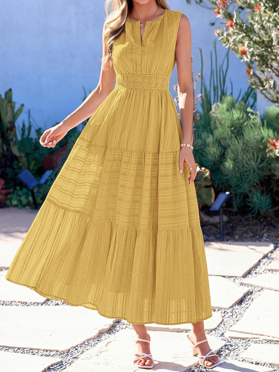 imageBTFBM Summer Dresses for Women 2026 Sleeveless Boho V Neck A Line Flowy Spring Casual Maxi Dress Beach Vacation PocketsYellow