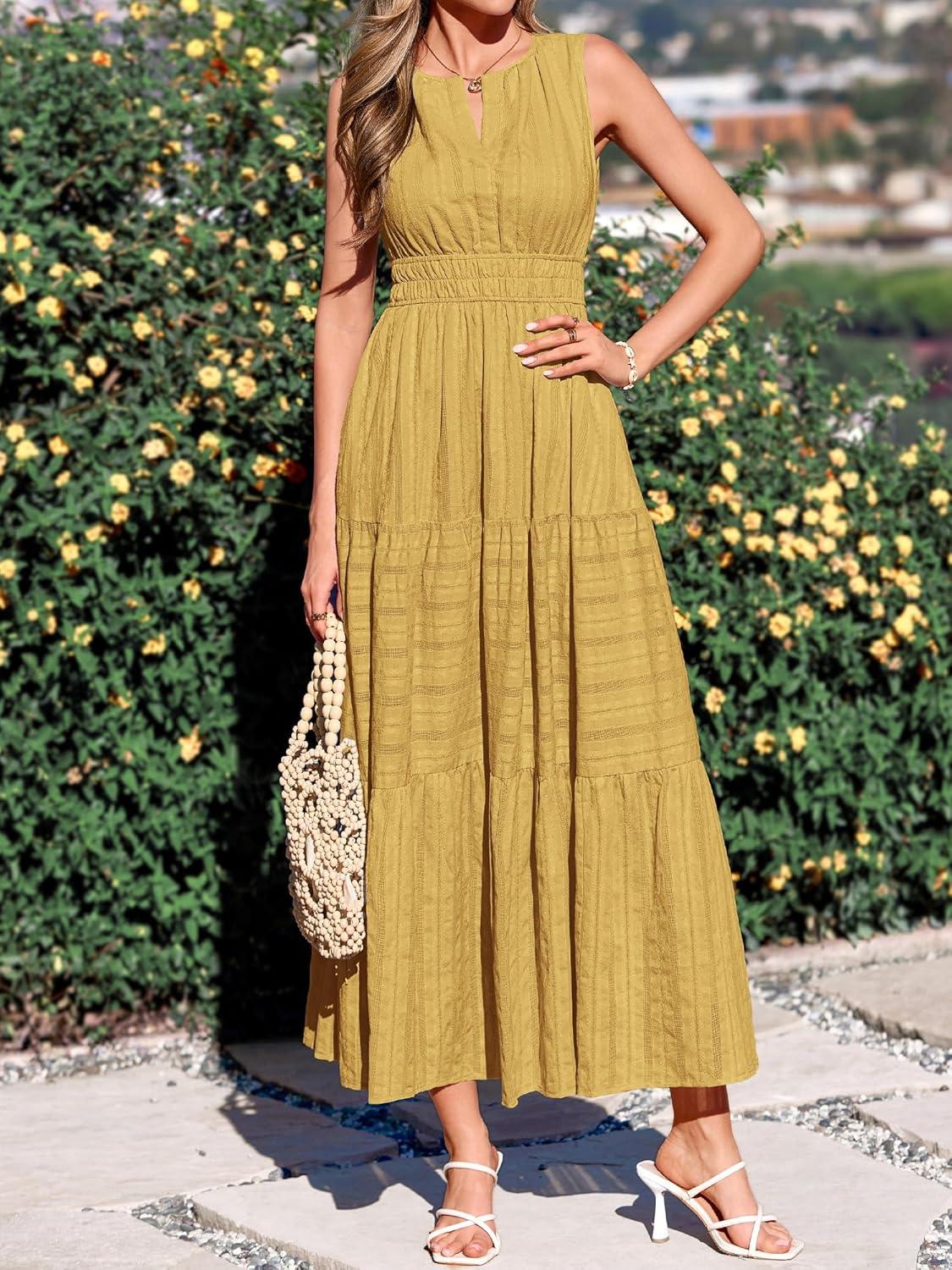 imageBTFBM Summer Dresses for Women 2026 Sleeveless Boho V Neck A Line Flowy Spring Casual Maxi Dress Beach Vacation PocketsYellow