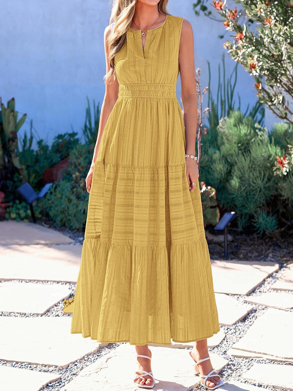 imageBTFBM Summer Dresses for Women 2026 Sleeveless Boho V Neck A Line Flowy Spring Casual Maxi Dress Beach Vacation PocketsYellow