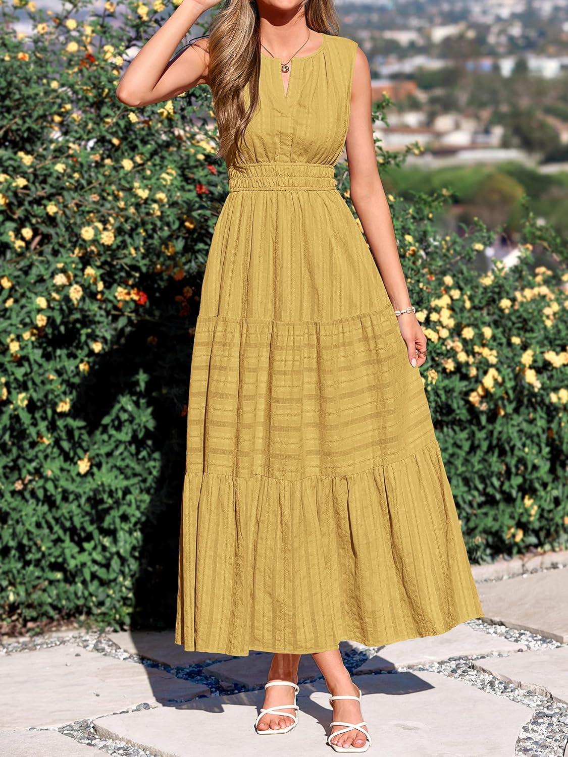 imageBTFBM Summer Dresses for Women 2026 Sleeveless Boho V Neck A Line Flowy Spring Casual Maxi Dress Beach Vacation PocketsYellow