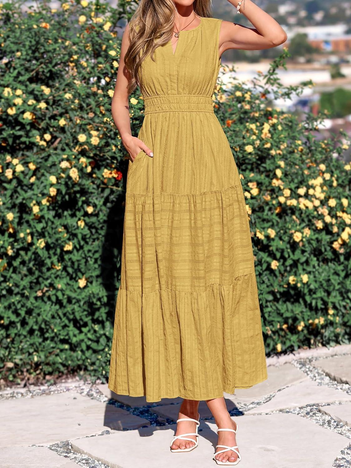 imageBTFBM Summer Dresses for Women 2026 Sleeveless Boho V Neck A Line Flowy Spring Casual Maxi Dress Beach Vacation PocketsYellow