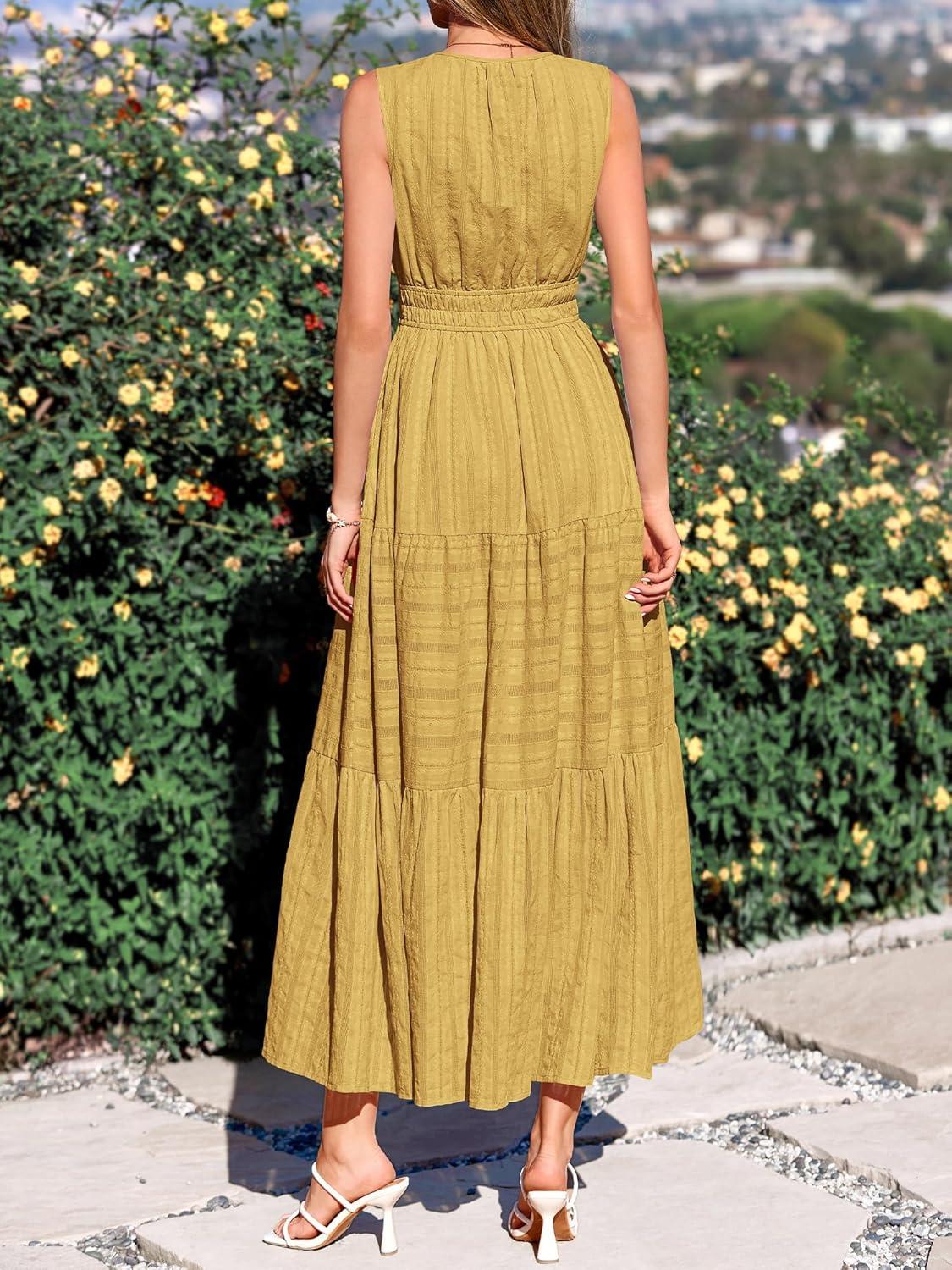 imageBTFBM Summer Dresses for Women 2026 Sleeveless Boho V Neck A Line Flowy Spring Casual Maxi Dress Beach Vacation PocketsYellow